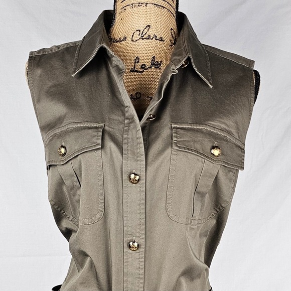 Lauren Ralph Lauren Khaki Utility Shirt Dress Belted Gold Buttons Midi Size 14 - Picture 4 of 16
